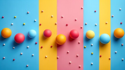 Wall Mural -   A collection of vibrant balls perched on a multicolored wallpaper featuring blue, yellow, pink, and orange stripes