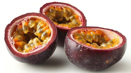 Wall Mural -   Two pieces of fruit resting atop a white table with a split passion fruit nearby