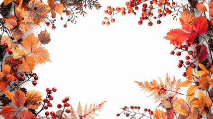 A vibrant autumn foliage frame showcasing colorful leaves and berries, perfect for seasonal invitations or decor.