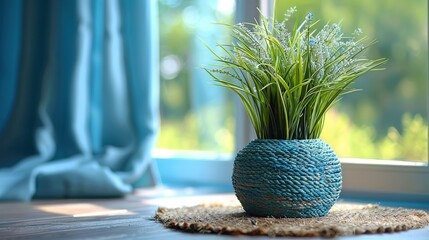 Poster -   A plant in a vase on a rug near a window with blue curtains