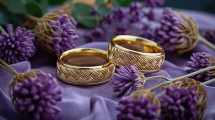 Poster -   A close-up of two wedding rings on a purple cloth with purple flowers in the foreground and green leaves in the background