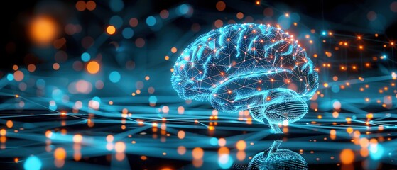 Futuristic artificial intelligence concept showing a glowing brain surrounded by a network of connections and data points.