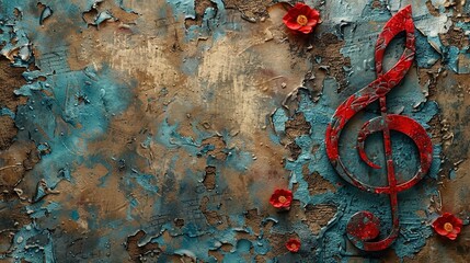 Wall Mural -   A vibrant depiction of a treble guitar against a backdrop of rusty metal, set against an ocean blue sky, surrounded by lush red blooms below