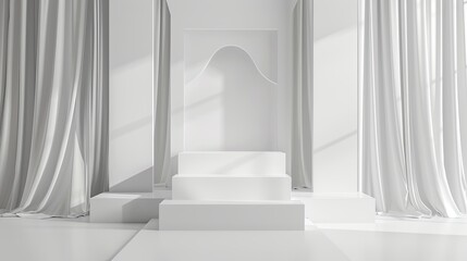 Poster - Minimalist White Studio Setup Featuring Square Podium and Flowing Drapes for Modern Events