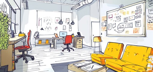 Wall Mural - Illustration Modern startup office interior with chairs and work desk