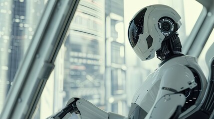 Poster - Humanoid Robot Engaged in Complex Tasks While Operating High-Tech Screen in Futuristic Environment