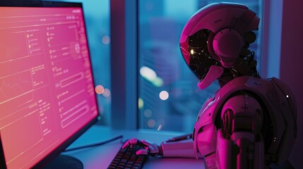 Poster - Humanoid Robot Engaged in Complex Tasks at a High-Tech Workspace During Evening