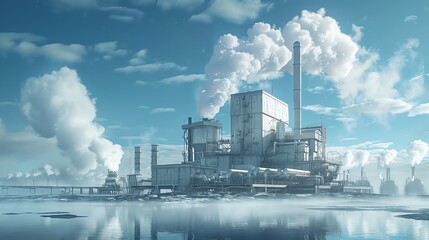 Poster - Industrial factory with smoky chimneys in a cold, foggy environment, producing white vapor against a blue sky, reflecting in calm waters.