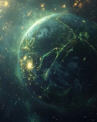 Poster - Floating Landmasses and Ethereal Bridges of Light on a Distant Planet in a Star-Filled Universe