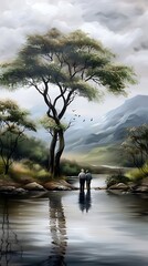 Wall Mural - Traveler enjoying a nature park, oil painting effect, close-up, professional design experience, more clarity with clear light and sharp focus, high detailed