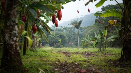 Wall Mural - A lush green field with a few trees and a few bunches of bananas