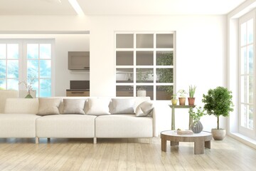 Wall Mural - White living room with sofa. Scandinavian interior design. 3D illustration