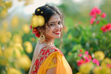 Sticker - Elegant woman adorned in vibrant orange saree with festive accessories, smiling outdoors