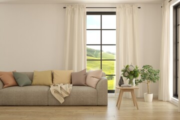 Wall Mural - White living room with sofa and summer landscape in window. Scandinavian interior design. 3D illustration