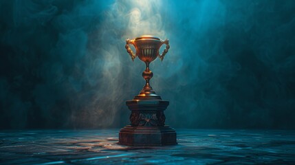 A conceptual 3D illustration of a trophy on a pedestal, with a spotlight illuminating it, representing the recognition of excellence.