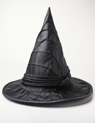 Black witch hat, Halloween holiday costumes or magical-themed events. Spooky and scary atmosphere