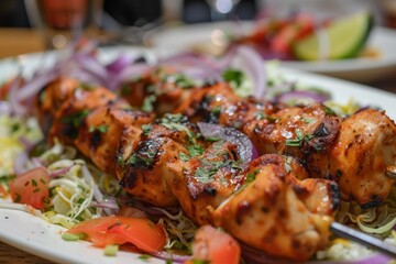 Canvas Print - Juicy grilled chicken kebabs served on a bed of crisp salad with vegetables