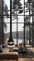 Wall Mural - A cozy living room with a fireplace and a view of a lake