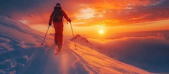 Wall Mural - skiing towards sunset on a snowy mountain
