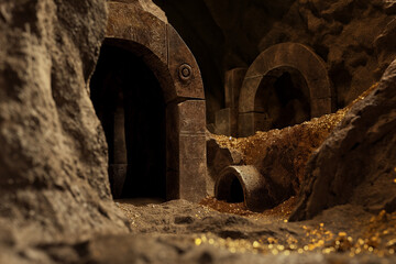 Ancient Underground Tunnel with Glittering Gold in Mysterious Cave