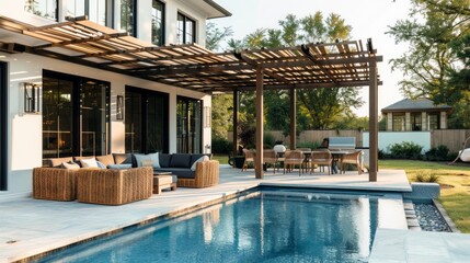 Poster - A large pool with a patio area and a wooden pergola