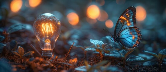 Poster - Glowing Butterfly and Lightbulb in Nature