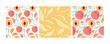 © Елена Кутузова - Seamless patterns with Pink Peaches and abstract forms. Set of three. Repeated vector backgrounds for menu, wallpaper, wrapping paper, packing, textile. Farmers market, Vegan food. hand drawn fruit.