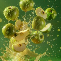 Poster - Vibrant green apples splash in mid-air, creating a fresh and dynamic scene. Close-up shot perfect for food and beverage advertisements. Bright and vivid colors bring this fruit image to life. AI