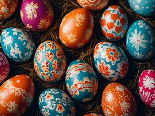 Wall Mural - Wallpaper background featuring vibrant Easter eggs with patterns