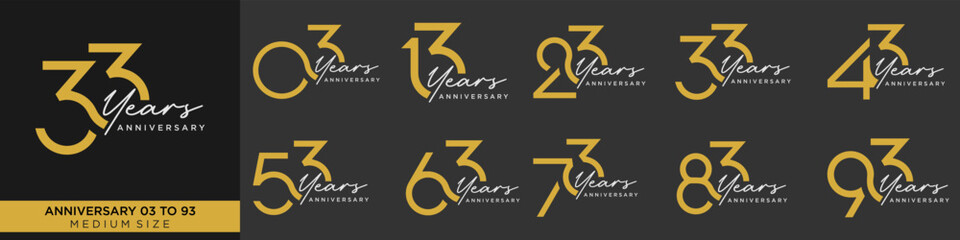 collection anniversary 13 to 93 year, creative number design vector illustration.