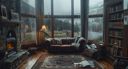 Poster - Cozy cabin with big windows, cloudy weather, cozy vibes, dark academia. Generative AI.