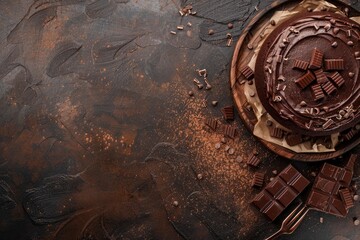 Poster - Artistic top view of chocolate cake with chocolate pieces and shavings on a rustic dark surface