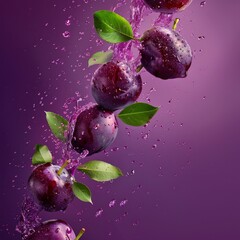 Sticker - Fresh plums with leaves splashing and tumbling in vibrant purple liquid. A stunning visual of fruits and water in motion. Ideal for food, beverage, or health-related content. AI