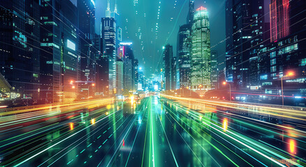Fototapete - night city street with road and green neon illumination, metaverse technology glow buildings perspec