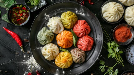 Wall Mural - Colorful steamed dumplings arranged in a black plate. Vibrant food photography showcasing diverse dumpling colors. Perfect for culinary blogs, food magazines, and recipe websites. AI