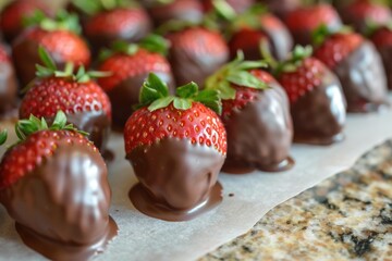 Poster - Fresh strawberries dipped in melted chocolate, cooling on parchment paper