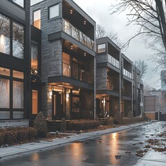 Aufkleber - Modern townhouse, dark tones, warm light combination, overcast sky, road, sidewalk trees on the sidewalk. Generative AI.