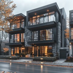 Aufkleber - Modern townhouse, dark tones, warm light combination, overcast sky, road, sidewalk trees on the sidewalk. Generative AI.