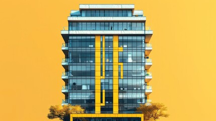Leinwandbilder - A flat illustration of the facade of building Tower, on a yellow background. Generative AI.