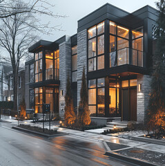 Aufkleber - Modern townhouse, dark tones, warm light combination, overcast sky, road, sidewalk trees on the sidewalk. Generative AI.