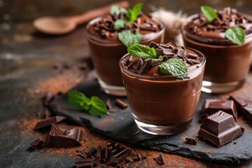 Canvas Print - Rich chocolate mousse topped with chocolate shavings and mint leaves on a rustic backdrop