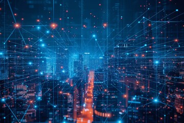 Poster - A futuristic city skyline with a dense network of blue lines and glowing red and blue nodes, connecting buildings and streets