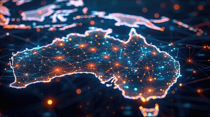 Fototapete - Digital map of Australia highlighting network connectivity and data transfer for tech business telecommunications. Generative AI.