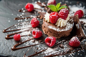 Wall Mural - Indulgent chocolate tart topped with fresh raspberries, mint, and a dusting of powdered sugar