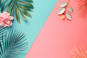 Wall Mural - Vibrant tropical leaves and floral arrangements on pastel backgrounds in a creative flat lay display. Generative AI