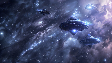 Wall Mural - extraterrestrial crafts hover above majestic planets in a vibrant and electrifying outer space scene