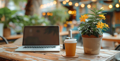 Poster - A podcast setup in a coffee shop with a microphone, laptop, and a cup of coffee on the table. Generative AI.