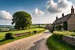 © Alex Vog - View of bright scenic landscape: cobblestone street english greenery village, summertime countryside scenery. Serene rural scene. Travel tourism trip concept. Gen ai illustration. Copy ad text space
