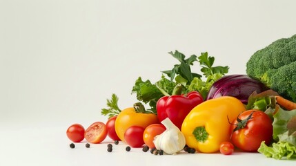 Poster - Fresh colorful vegetables arranged on a clean white background. Perfect for healthy eating concepts, food blogs, or culinary websites. Organic produce in vibrant colors. AI