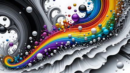 Wall Mural - abstract fractal background. black and white waves with multi-colored bubbles on a black background. wallpaper	
